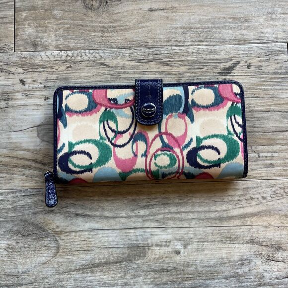 Coach Wallet Signature IKAT Scribble Print Accordion Large White Pink Blue - Picture 1 of 8